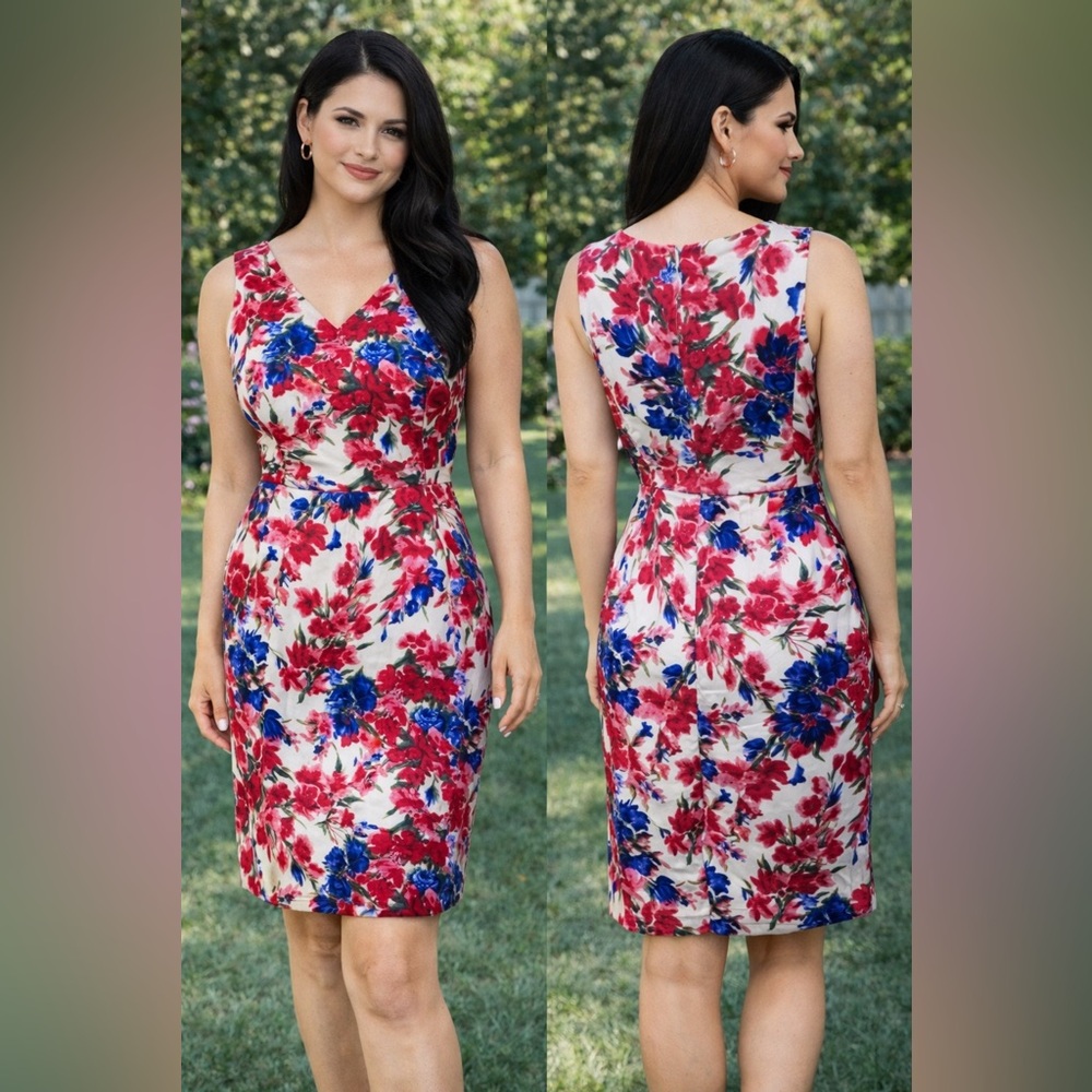 Talbots Dress 14 P 14P Red White Blue Cotton Sleeveless Career Church Washable